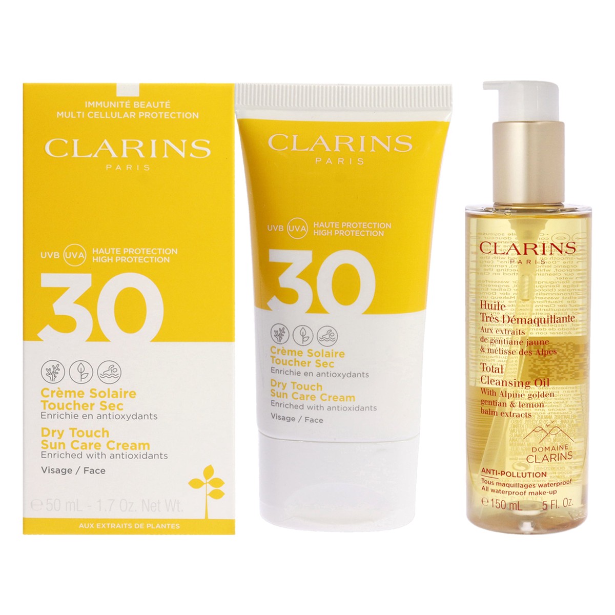 Clarins Total Cleansing Oil and Sun Care Cream SPF 30 Kit by Clarins for Unisex – 2 Pc Kit 5oz Cleanser 17oz Sunscreen
