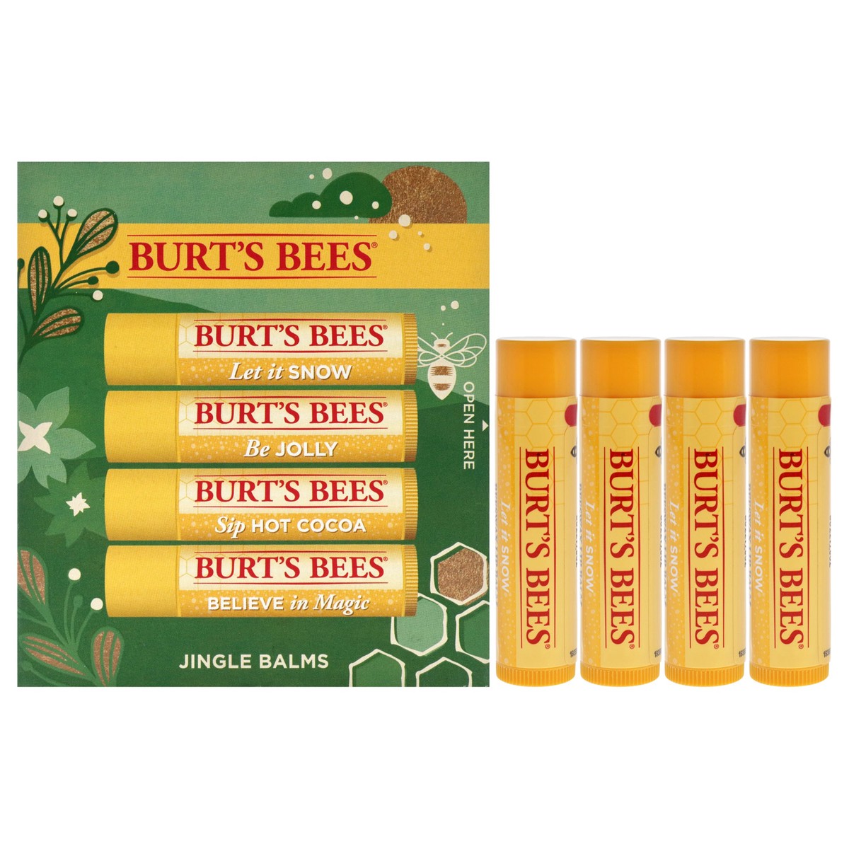 Burts Bees Burts Bees Jingle Balms by Burts Bees for Unisex – 4 Pc 015oz Lip Balm – Let Is Now 015oz Lip Balm – Be Jolly 015oz Sip Hot Cocoa 015oz Lip Balm – Believe in Magic