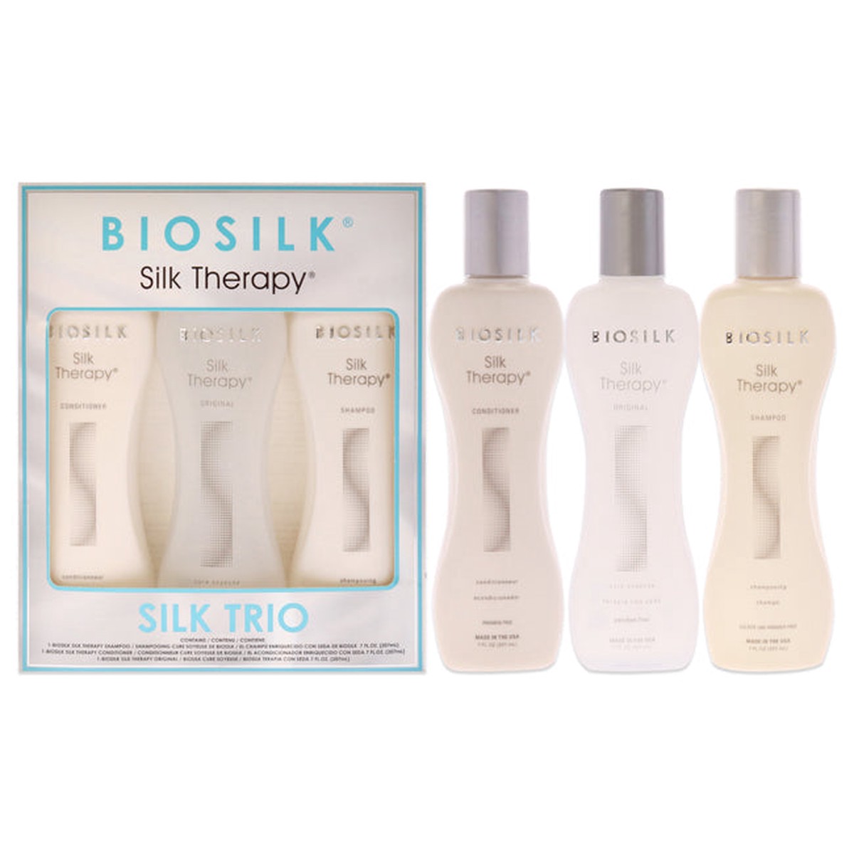 BioSilk Silk Therapy Trio by Biosilk for Unisex – 3 Pc Set 7oz Silk Therapy Shampoo 7oz Silk Therapy Conditioner 7oz and Silk Therapy Original