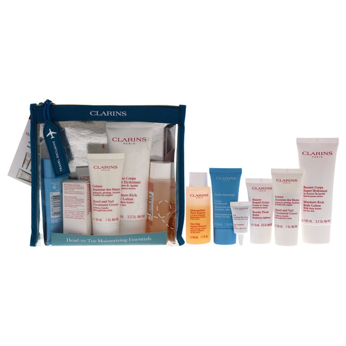 Clarins Head-to-Toe Moisturizing Essentials Set by Clarins for Women – 6 Pc 17oz One-Step Facial Cleanser 01oz Eye Contour Gel 05oz Beauty-Flash Balm 1oz Hydra-Eseentiel 32oz Moisture-Rich Body