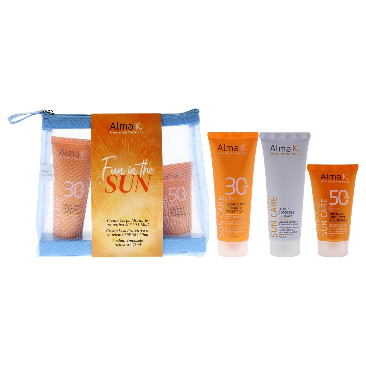 Alma K Fun in The Sun Set by Alma K for Unisex - 3 Pc 1oz Crema Viso Protettiva and Nutriente SPF 50 25oz Crema Corpo Idratante Protettiva SPF 30 25oz Lozione Doposole Delicata