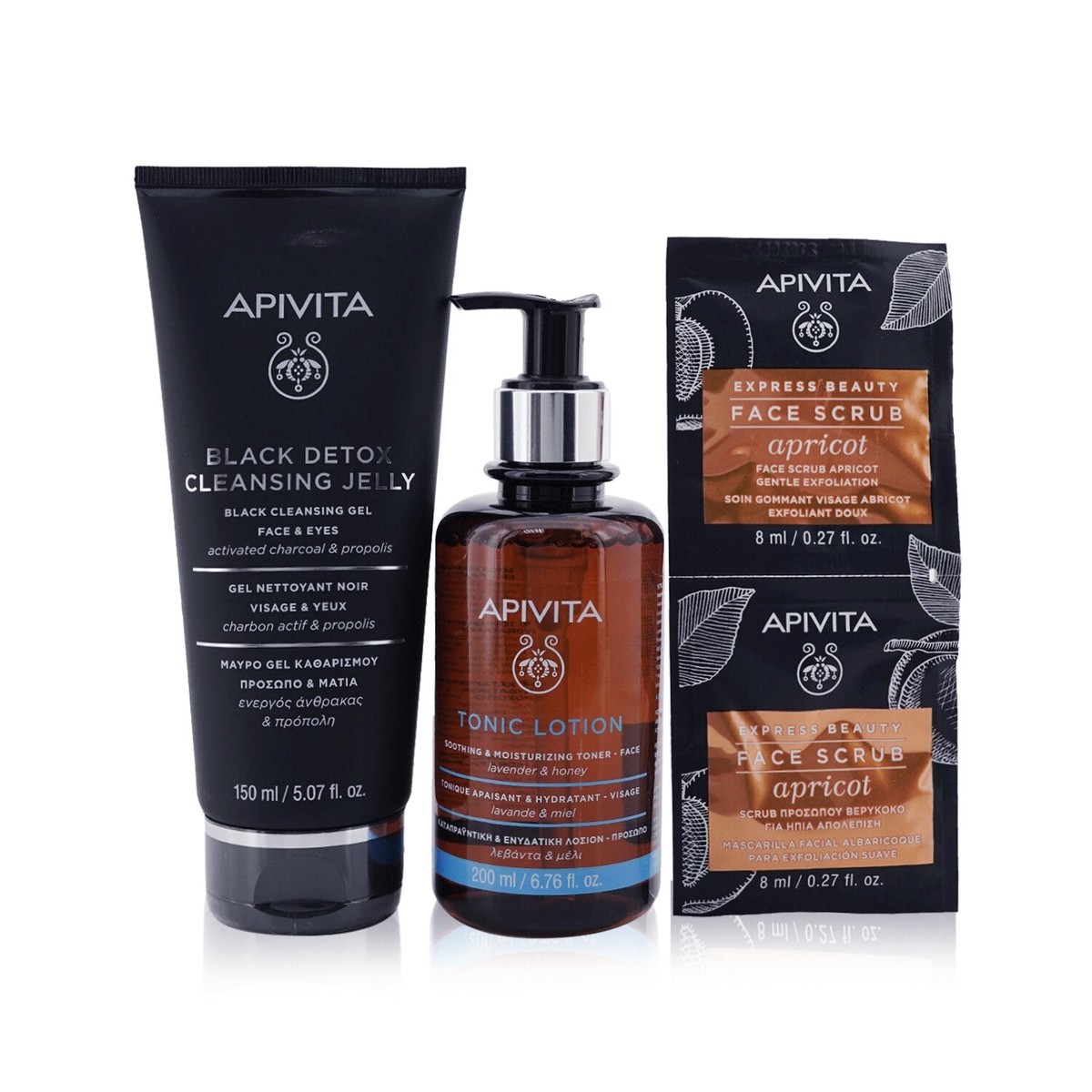 Apivita Is It Clear Cleansing Soothing Set Cleansing Jelly 150ml Tonic Lotion 200ml Face Scrub with Apricot 2x8ml 3pcs