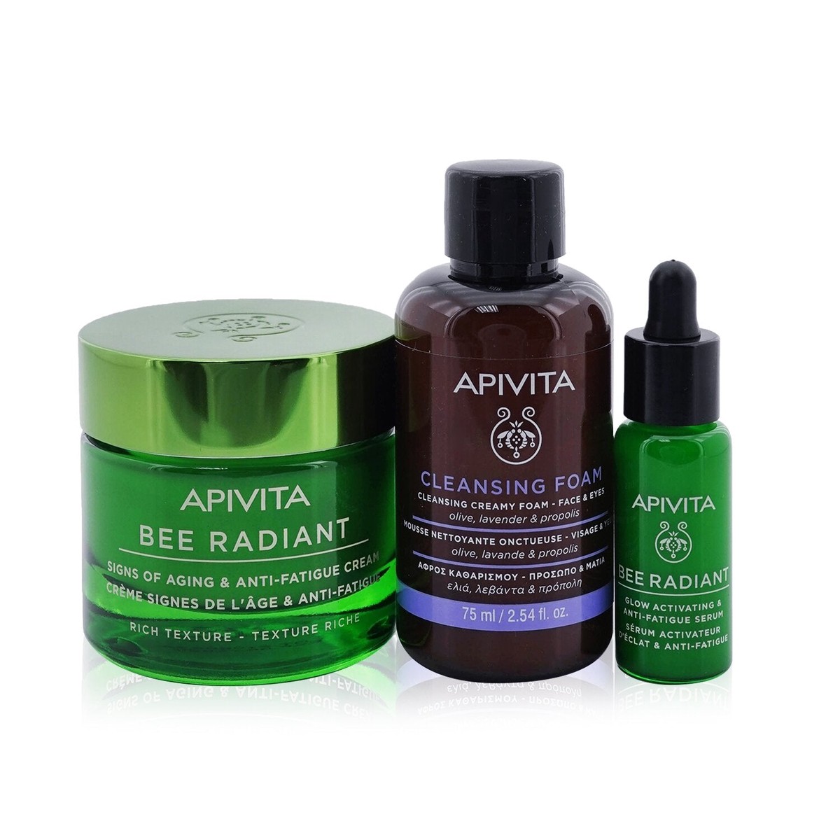 Apivita Fresh Glow (Bee Radiant- Rich Texture) Gift Set Cream 50ml Serum 10ml Cleansing Creamy Foam 75ml Pouch 3pcs1pouch