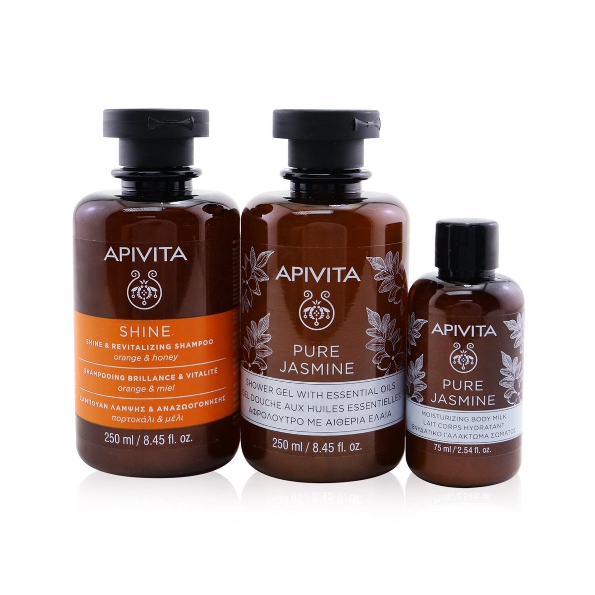 Apivita Holly Jolly Treats Set Shine Revitalizing Shampoo 250ml Pure Jasmine Shower Gel 250ml Pure Jasmine Body Milk 75ml 3pcs