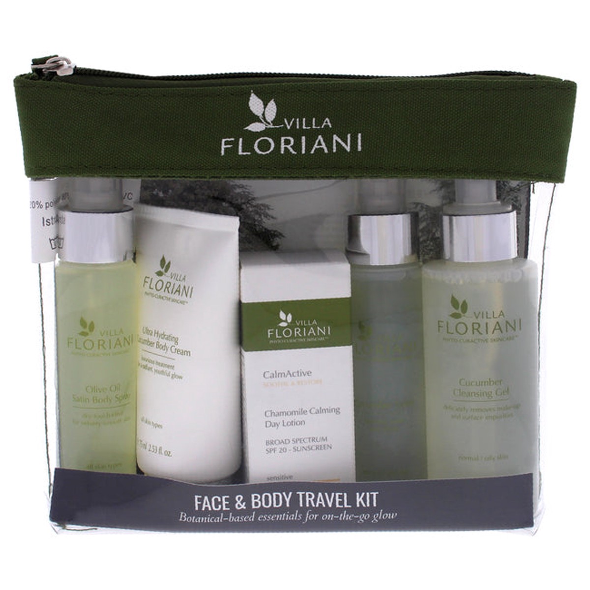 Villa Floriani Face and Body Travel Kit by Villa Floriani for Women - 5 Pc 34oz Cucumber Cleansing GEL 169oz Cucumber Toner 068oz Chamomile Calming Day Lotion SPF20 253 Ultra Hydrating Cucumber
