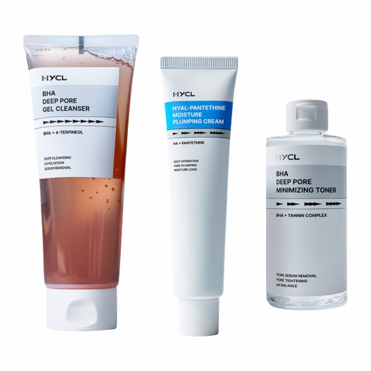 HYCL 3-Piece Set BHA Gel Cleanser 150ml BHA Toner 200ml Plumping Cream 70ml