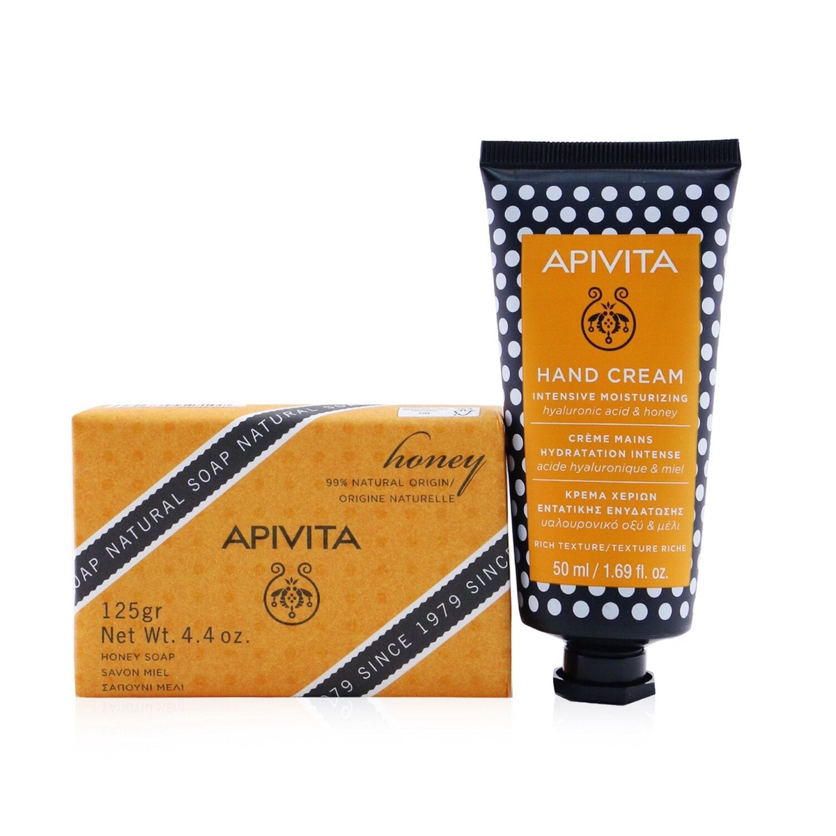 Apivita Bee Protective Honey Set Hand Cream Hyaluronic Acid Honey 50ml Natural Soap Honey 125g 2pcs