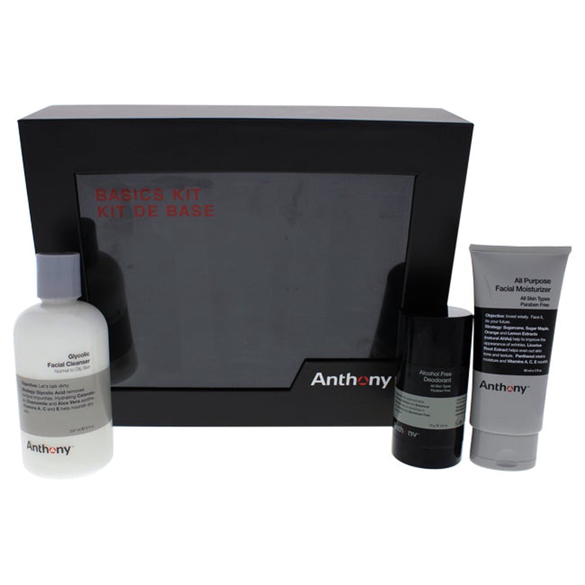 Anthony Basics Kit by Anthony for Unisex - 3 Pc 8oz Glycolic Facial Cleanser 3oz All Purpose Facial Moisturizer 25oz Alcohol Free Deodorant Stick