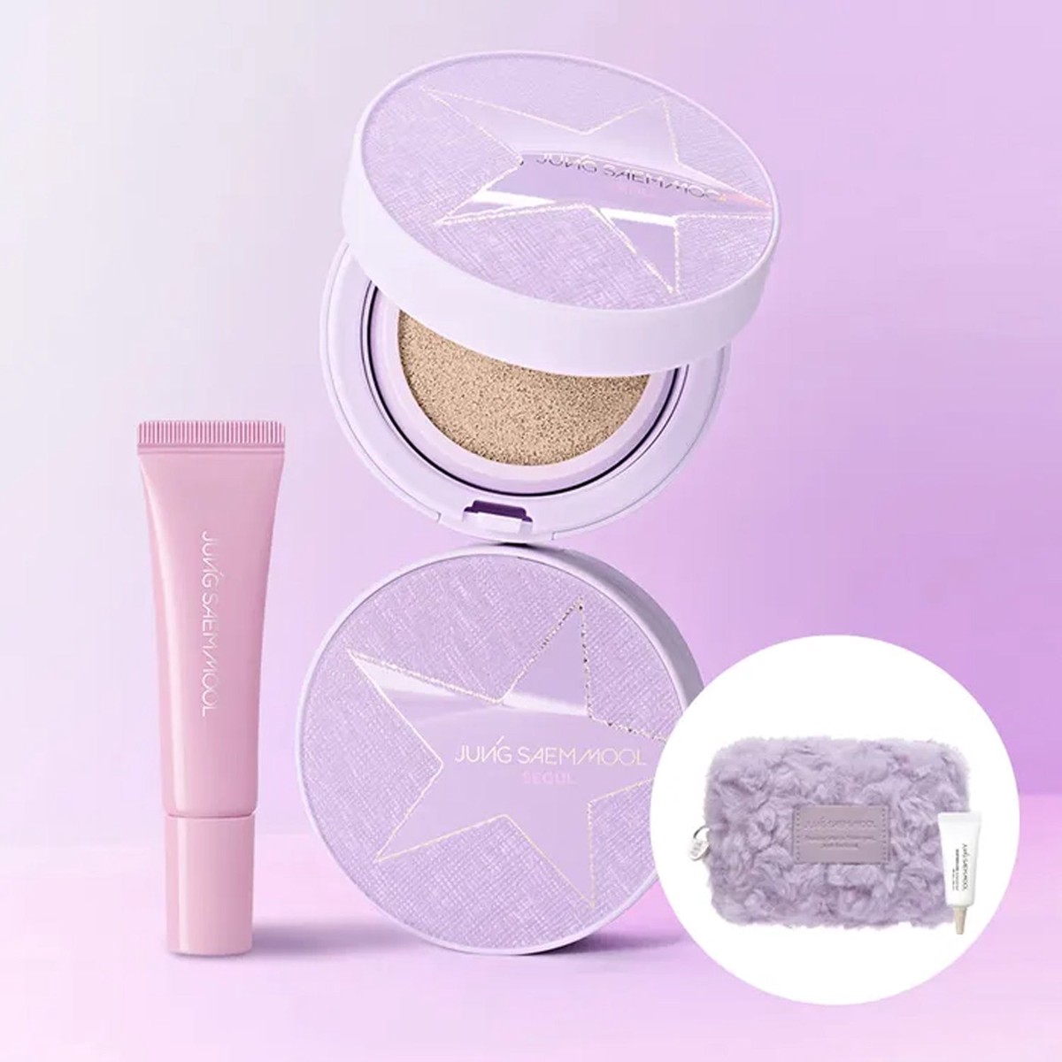 Gift Packaging JUNG SAEM MOOL Essential Skin Nuder Cushion with Refill plus Metal Serum Gloss (with Purple Fur Pouch plus Ampoule Sun 5ml Gift)