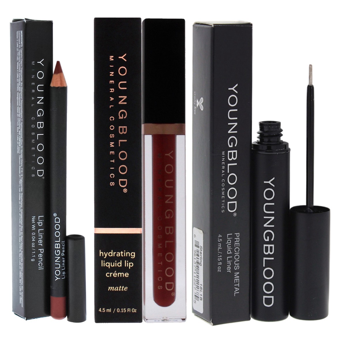 Youngblood Lip Liner Pencil With Precious Metal Liquid Liner and Hydrating Liquid Lip Creme Kit by Youngblood for Women 3 Pc Kit - 11 oz Lip Liner - Plum 015 oz Eyeliner - Sterling 015 oz Lipstick