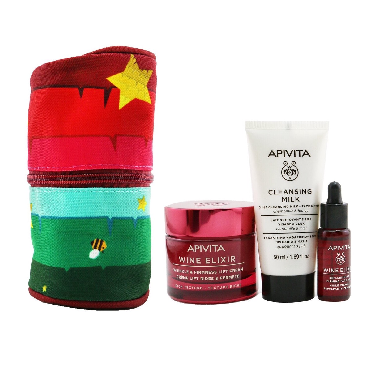 Apivita Di-Vine Beauty (Wine Elixir- Rich Texture) Gift Set Wrinkle Lift Cream 50ml Face Oil 10ml Cleansing Milk 50ml Pouch 3pcs1pouch