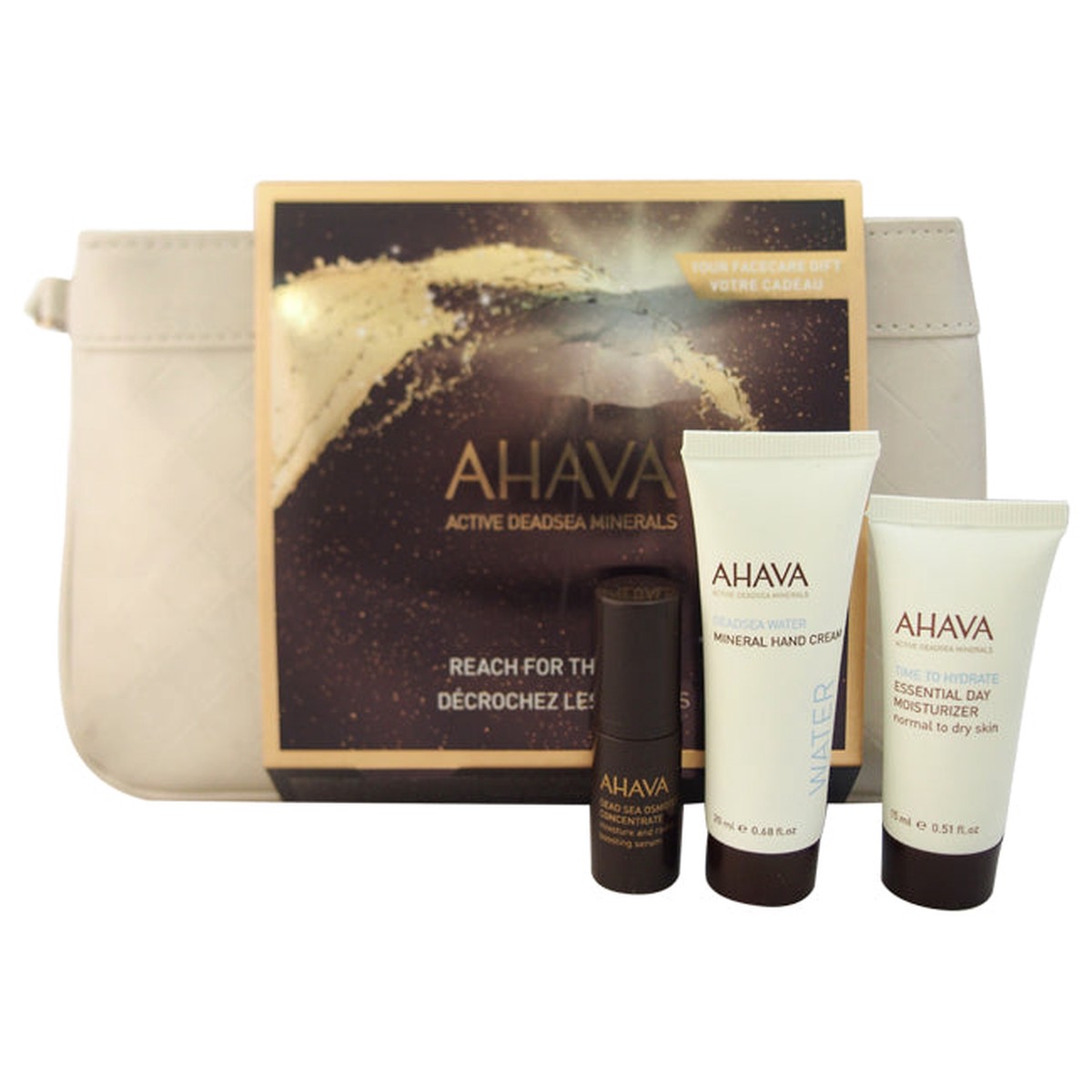 Ahava Reach For The Stars by Ahava for Unisex - 3 Pc Kit 068oz Deadsea Water Mineral Hand Cream 051oz Essential Day Moisturizer - Normal To Dry Skin 017oz Moisture And Radiance Boosting Serum