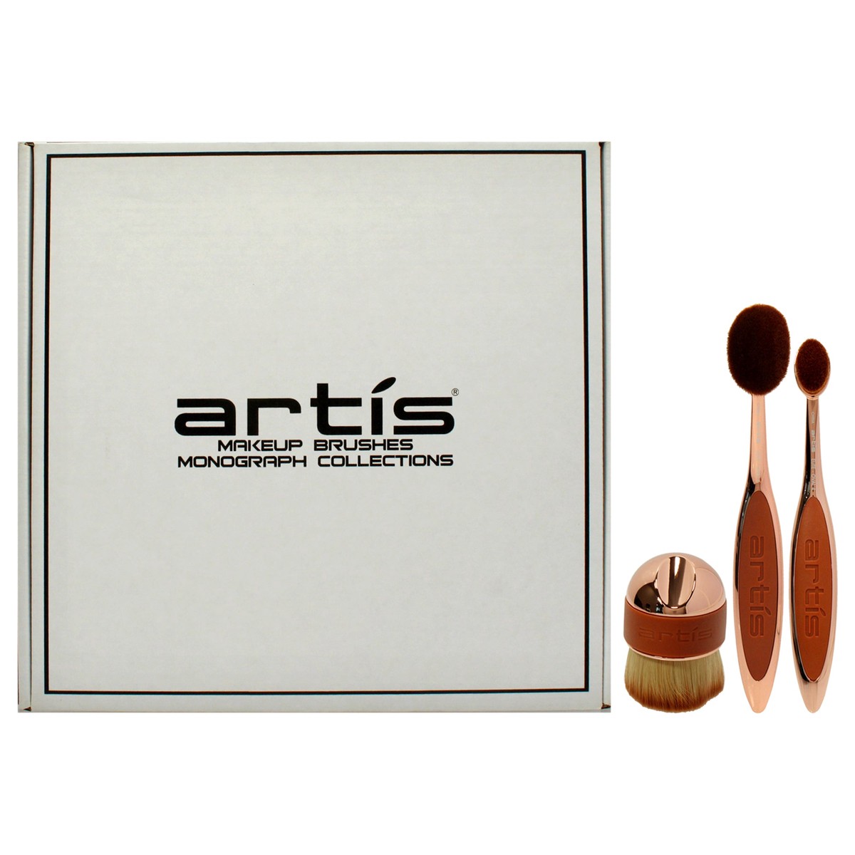 Artis Elite 3 Brush Set - Rose Gold by Artis for Women - 3 Pc Elite Oval Brush 6 - Rose Gold Elite Oval Brush 4 - Rose Gold Palm Brush Mini - Rose Gold Travel Case Large - Black