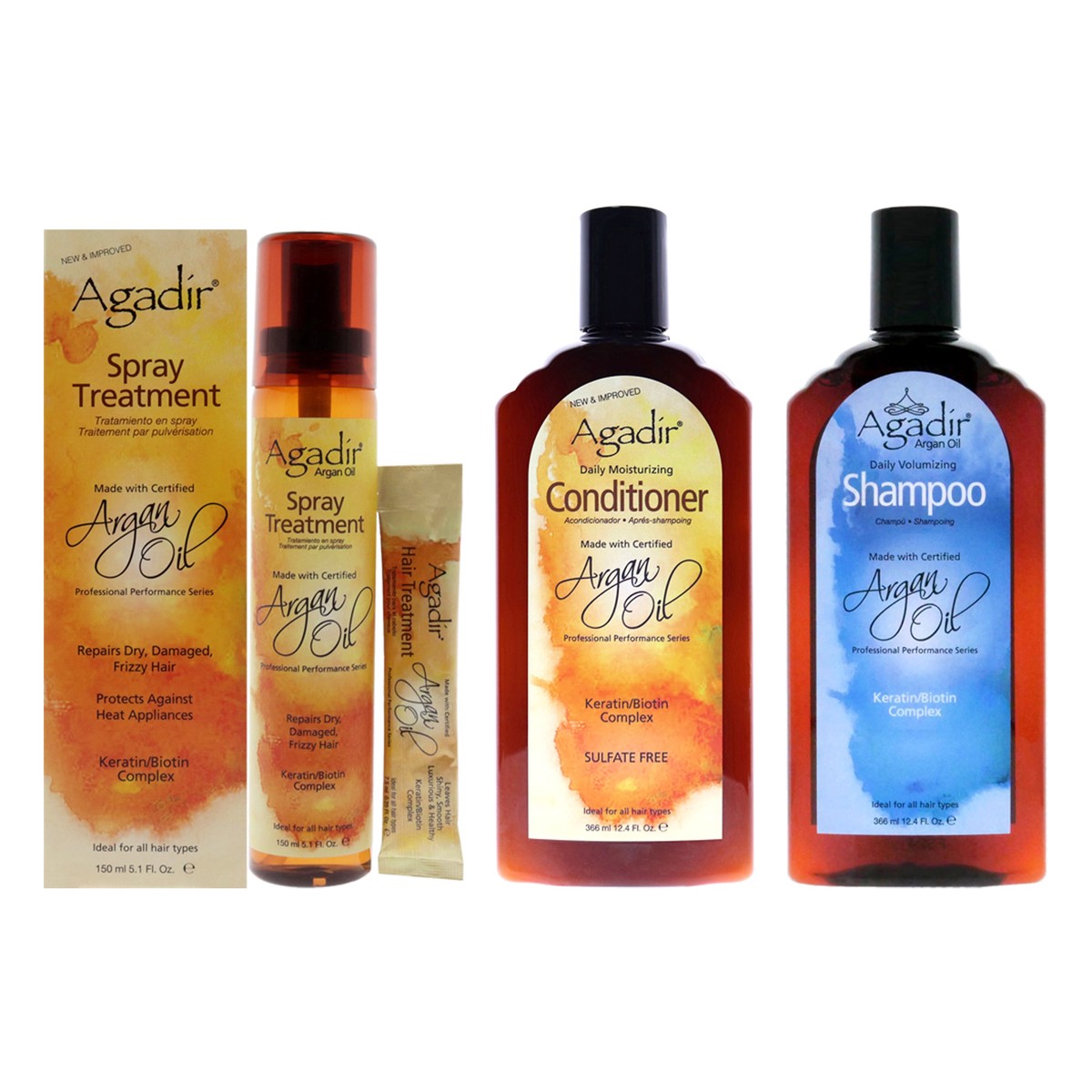 Agadir Argan Oil Argan Oil Daily Volumizing Shampoo and Moisturizing Conditioner With Spray Treatment Kit by Agadir for Unisex - 3 Pc Kit 124oz Shampoo 124oz Conditioner 51oz Treatment