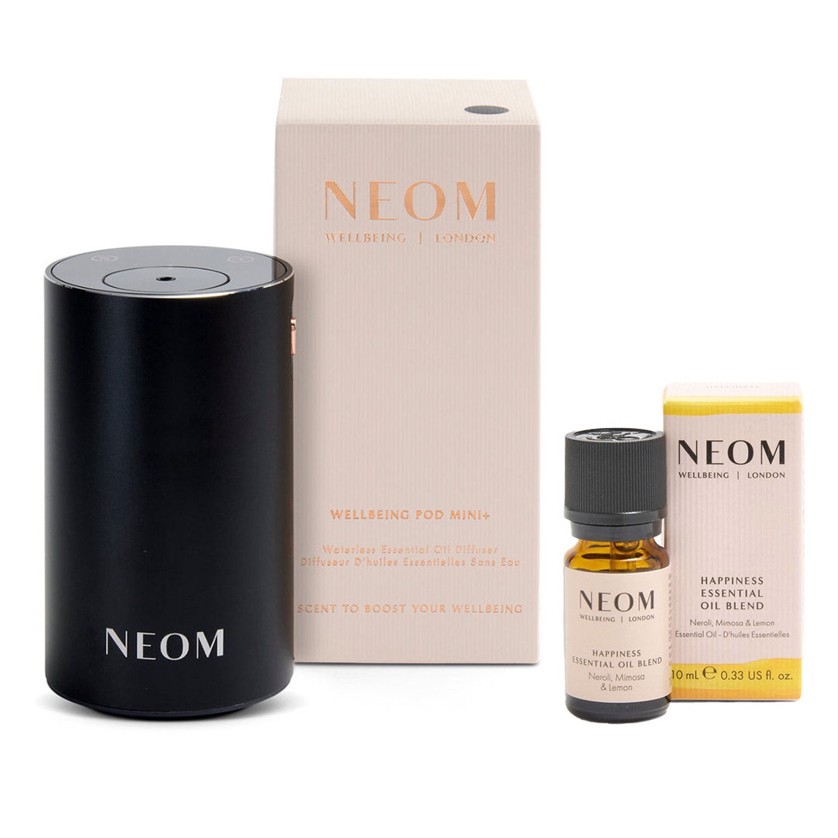 NEOM Wellbeing Pod Mini Waterless Essential Oil Diffuser - Black and Happiness Essential Oil Blend Duo (Worth 92)