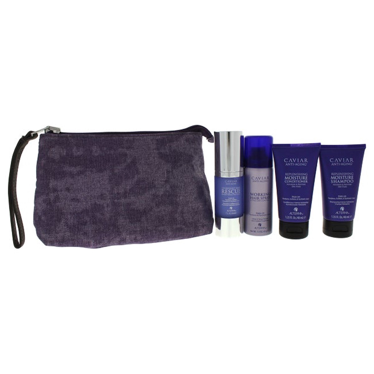 Alterna Caviar Transformation Kit by Alterna for Unisex - 5 Pc Kit 135oz Replenishing Moisture Shampoo 135oz Replenishing Moisture Conditioner 1oz Overnight Hair Rescue 15oz Hair Spray Clutch