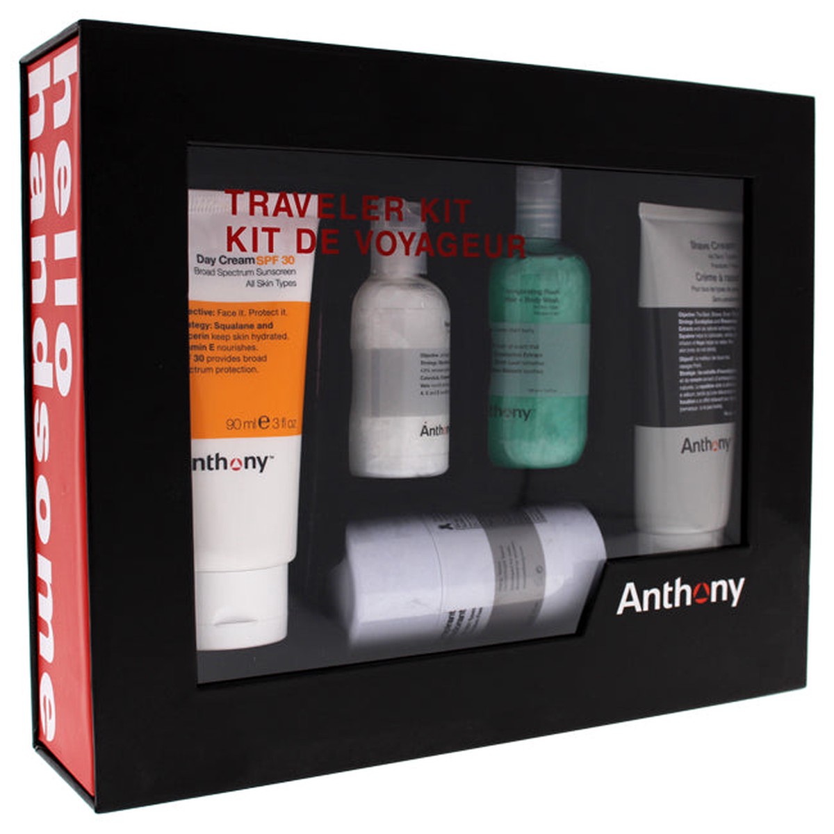 Anthony Traveler Kit by Anthony for Unisex - 5 Pc 2oz Glycolic Facial Cleanser 34oz Invigorating Rush Hair Body Wash 3oz Shave Cream 3oz Day Cream SPF 30 25oz Anti-Perspirant and Deodorant Stick