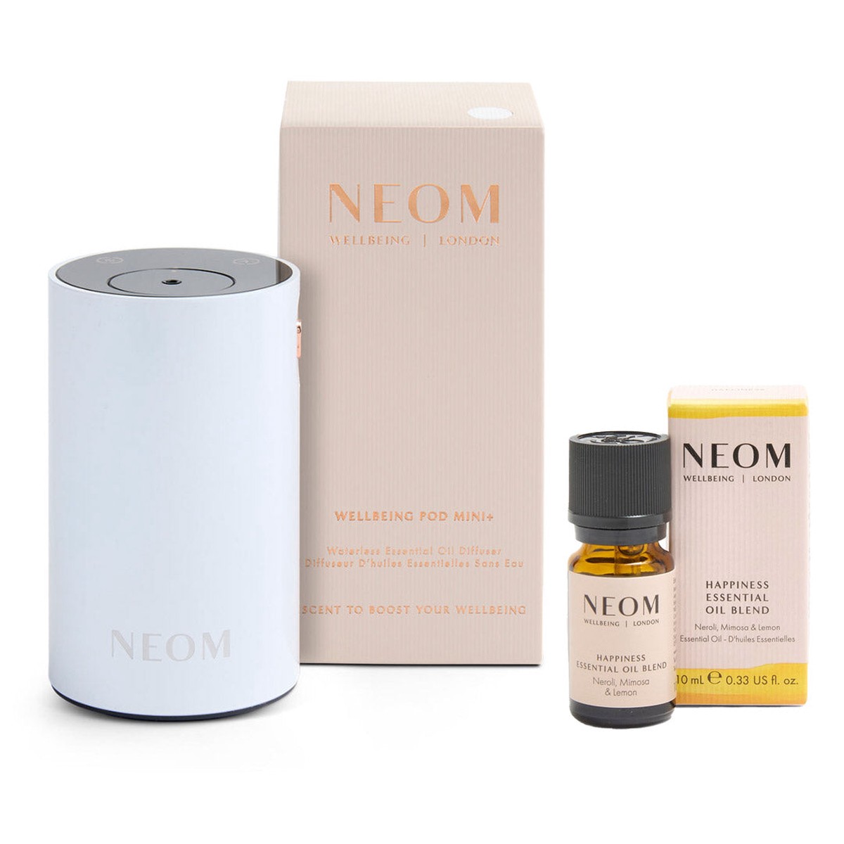NEOM Wellbeing Pod Mini Waterless Essential Oil Diffuser - White and Happiness Essential Oil Blend Duo (Worth 92)