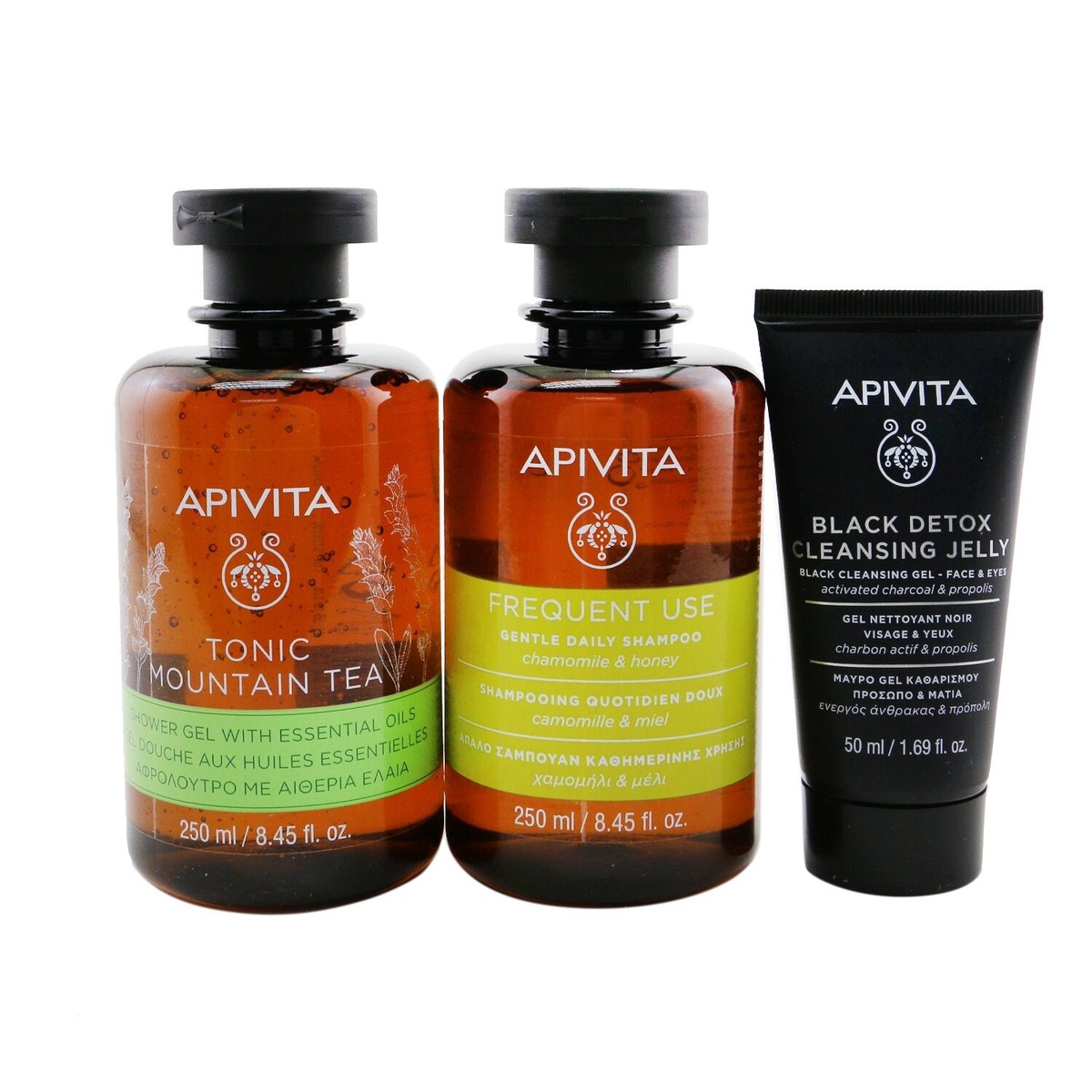 Apivita Natures Greetings Set Tonic Mountain Tea Shower Gel 250ml Gentle Daily Shampoo 250ml Black Cleansing Gel 50ml 3pcs