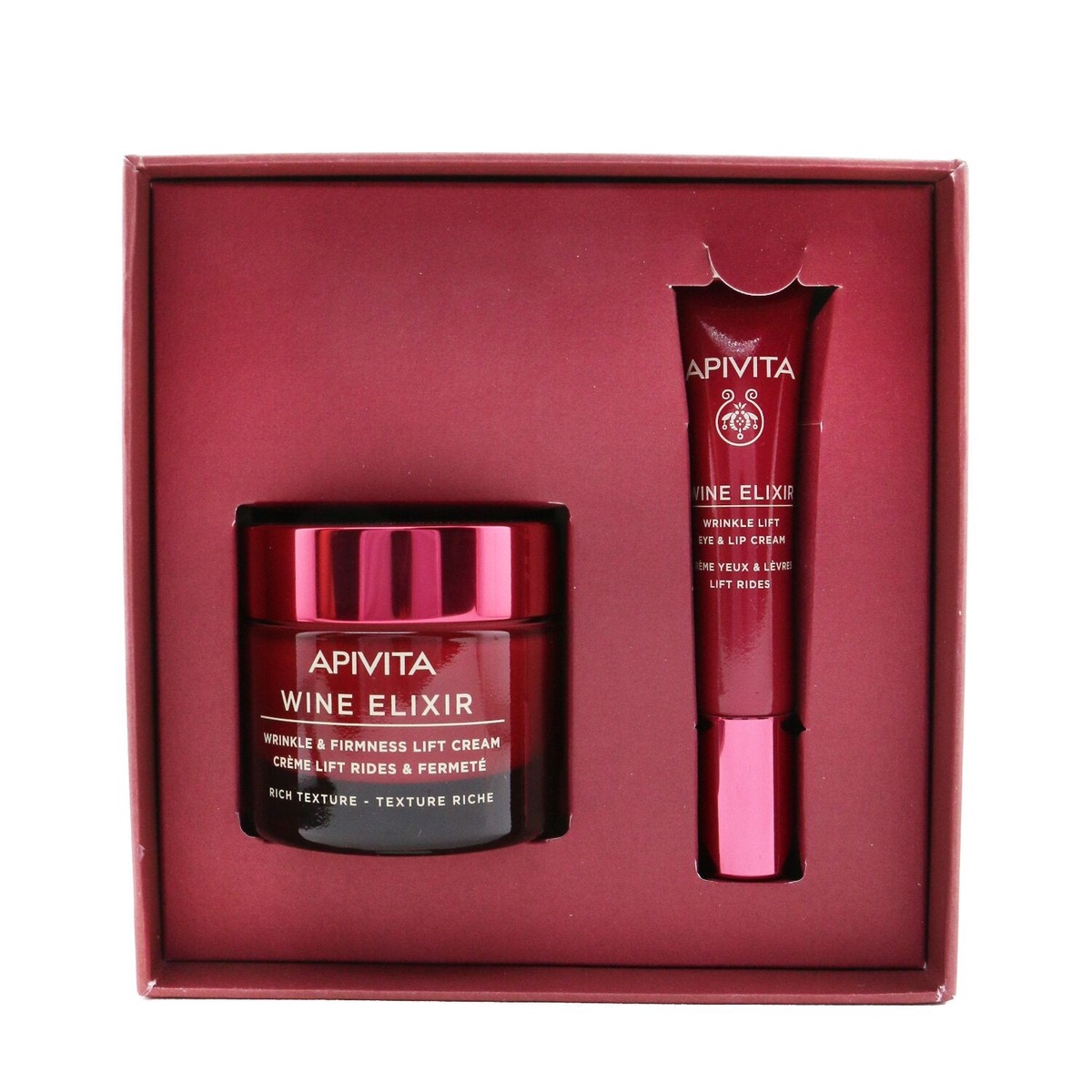Apivita Wine Elixir Wrinkle Reduction Firmness (Rich Texture) Gift Set Rich Cream 50ml Eye Lip Cream 15ml 2pcs