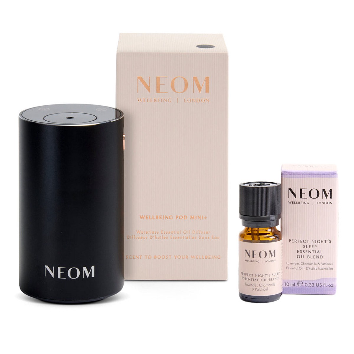 NEOM Wellbeing Pod Mini Waterless Essential Oil Diffuser - Black and Perfect Nights Sleep Essential Oil Blend Duo (Worth 92)