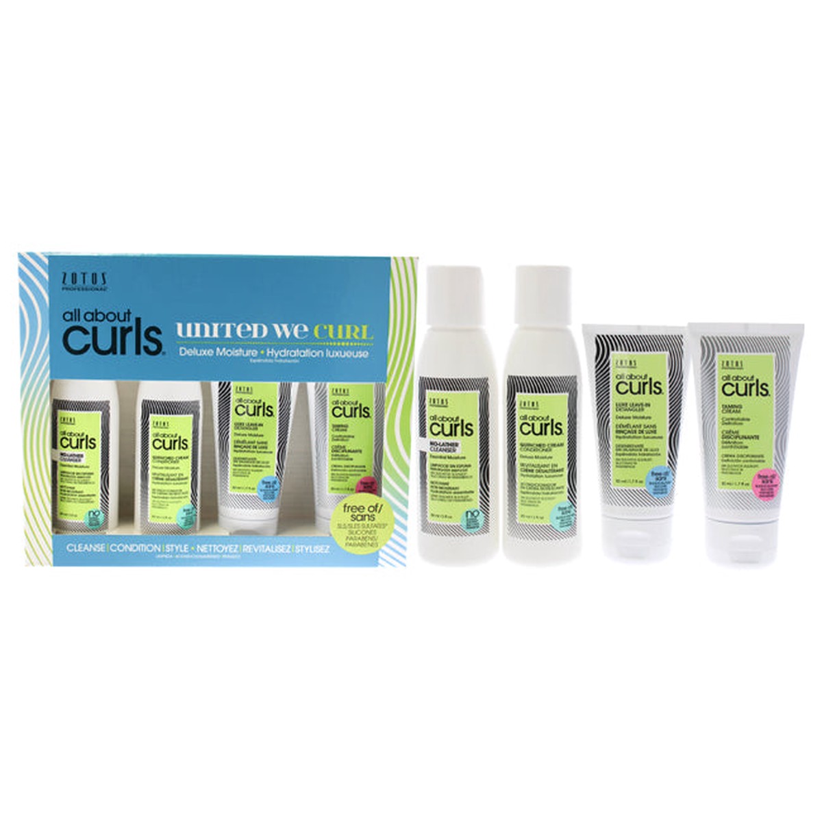 All About Curls Deluxe Moisture Kit by All About Curls for Unisex - 4 Pc 3oz No-Lather Cleanser 3oz Quenched Cream Conditioner 17oz Luxe Leave-In Detangler 17oz Taming Cream