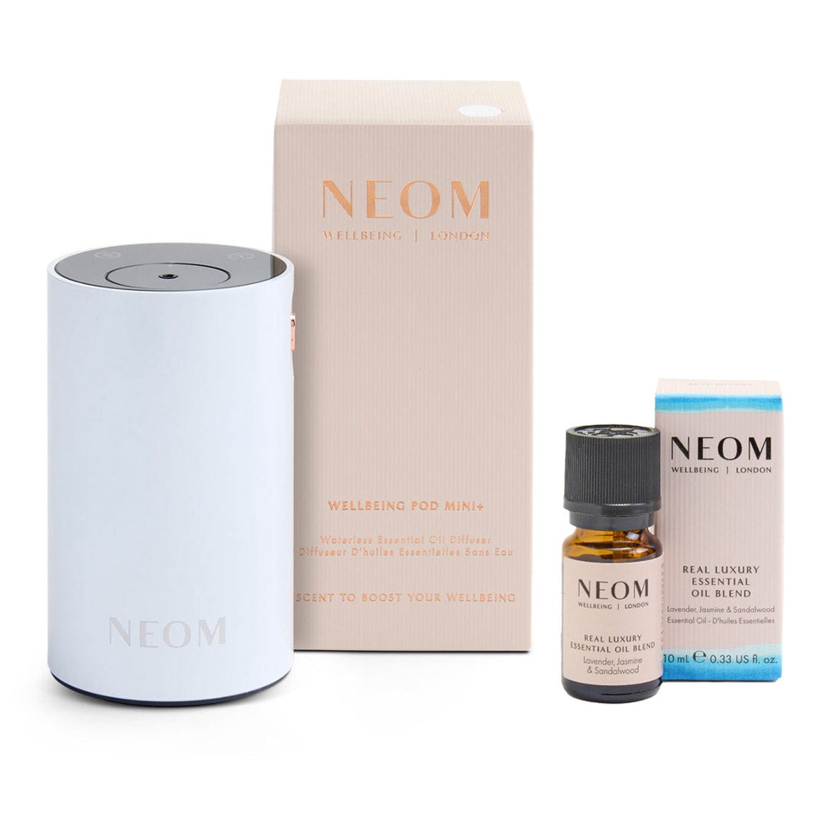 NEOM Wellbeing Pod Mini Waterless Essential Oil Diffuser - White and Real Luxury De-Stress Essential Oil Blend Duo (Worth 92)