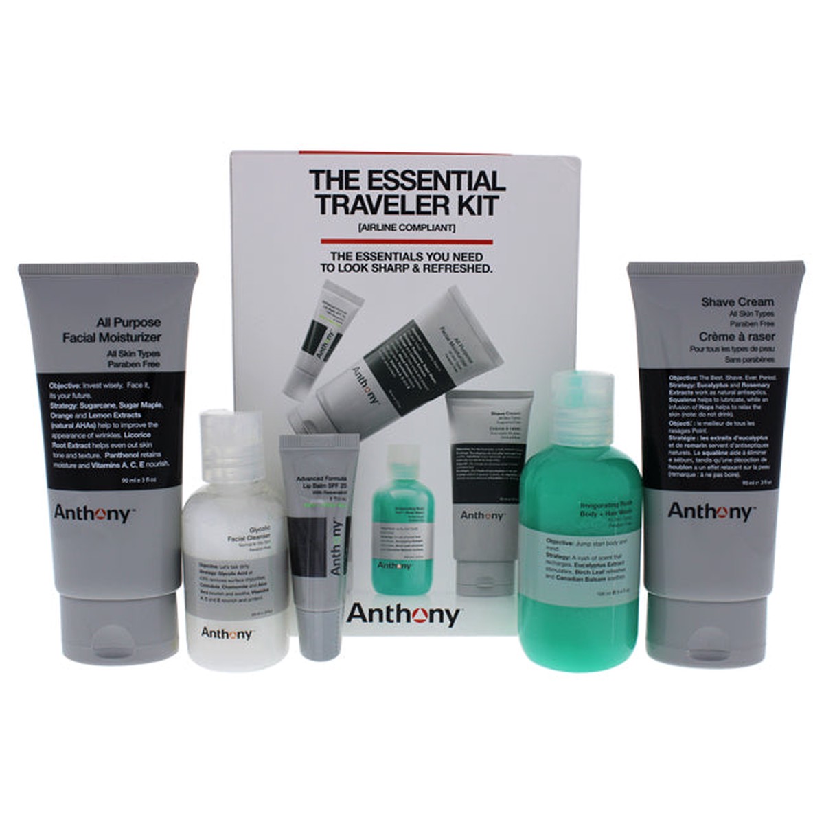 Anthony The Essential Traveler Kit by Anthony for Unisex - 5 Pc 2oz Glycolic Facial Cleanser 34oz Body Wash 3oz Shave Cream 3oz Moisturizer 025oz Lip Balm