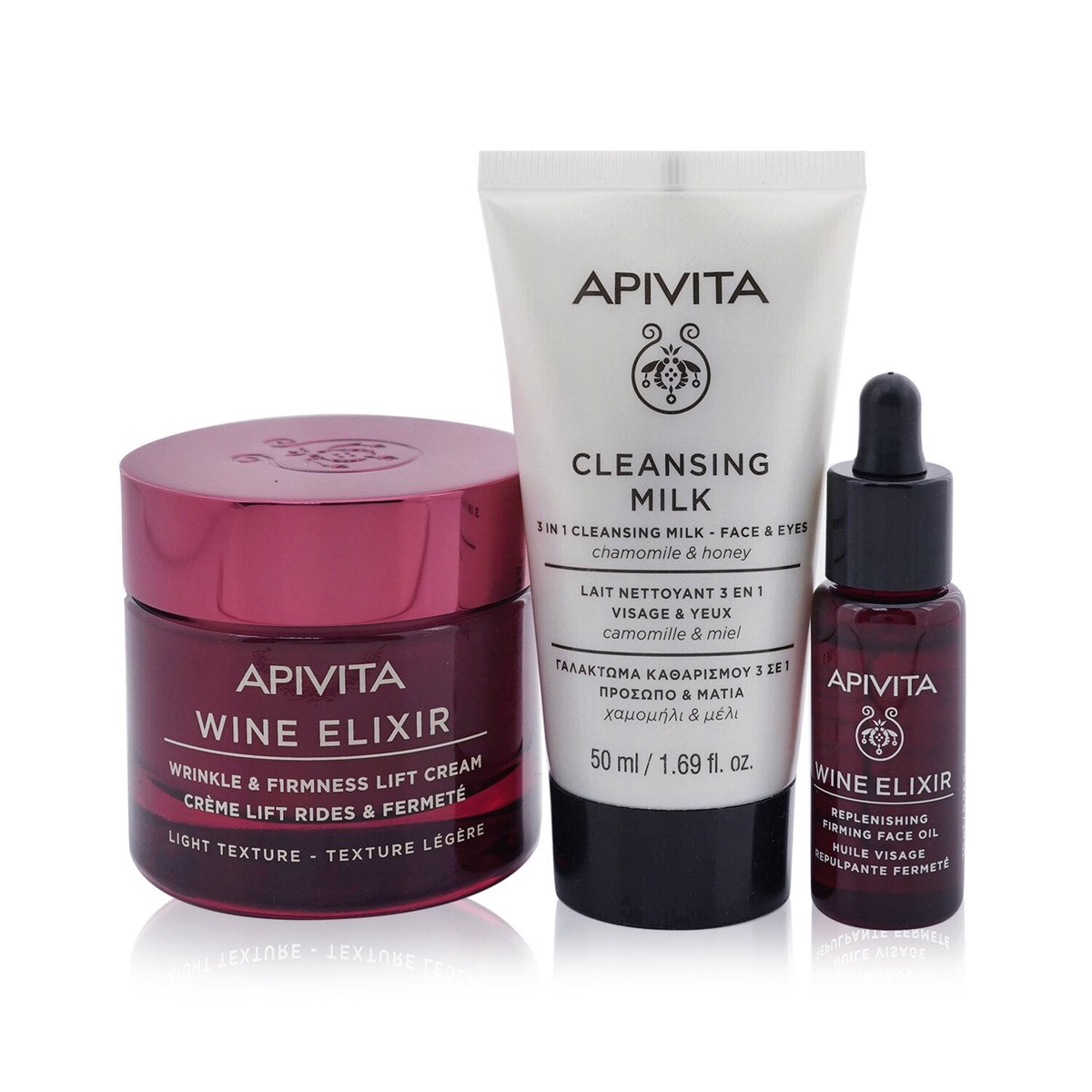 Apivita Di-Vine Beauty (Wine Elixir- Light Texture) Gift Set Wrinkle Lift Cream 50ml Face Oil 10ml Cleansing Milk 50mlPouch 3pcs1pouch