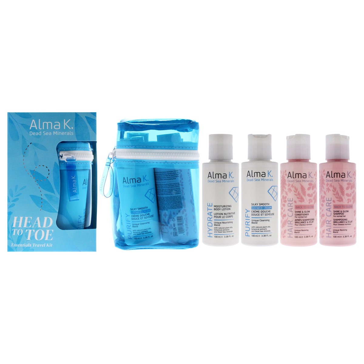Alma K Head to Toe Essentials Travel Kit by Alma K for Women - 4 Pc 338oz Moisturizing Body Lotion 338oz Silky Smooth Shower Cream 338oz Shine and Glow Shampoo 338oz Shine and Glow Conditioner